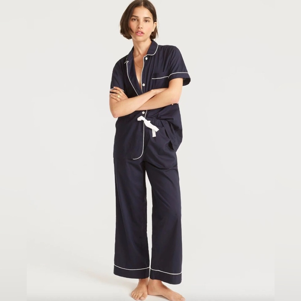 J. Crew End on End Short Sleeve Pants Pajama Set, Navy & White Piping, Size XXS